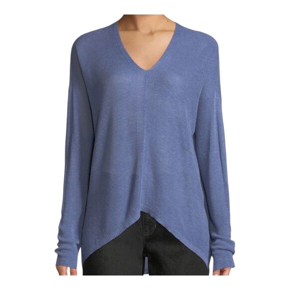 Eileen Fisher Blue Organic Linen Blend V-neck Hi-lo Tunic Sweater Women's Medium - Picture 2 of 9